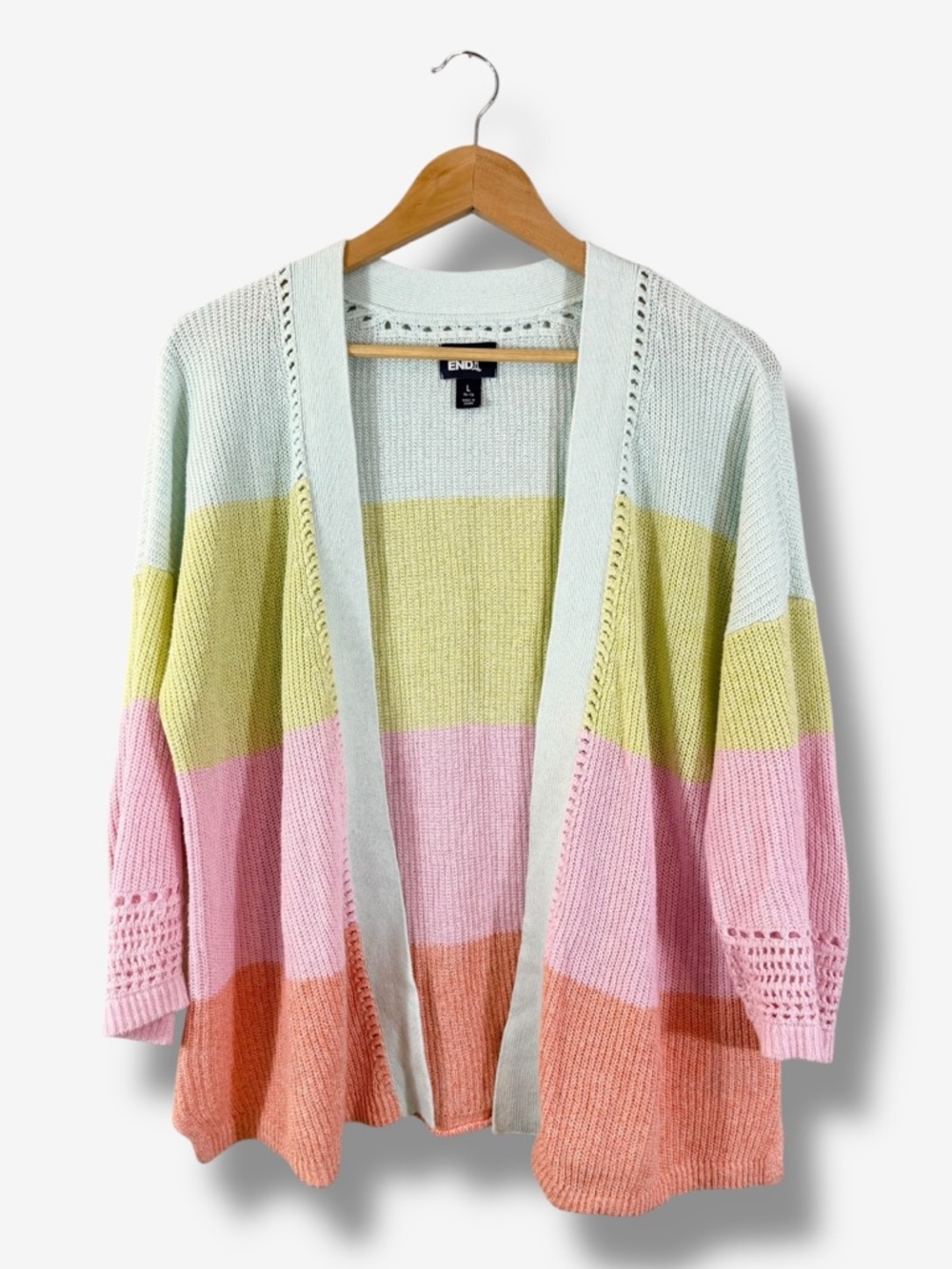 Lands End Rainbow Cardigan Size L (14-16) Green Pink Stripe Multicolor Crochet